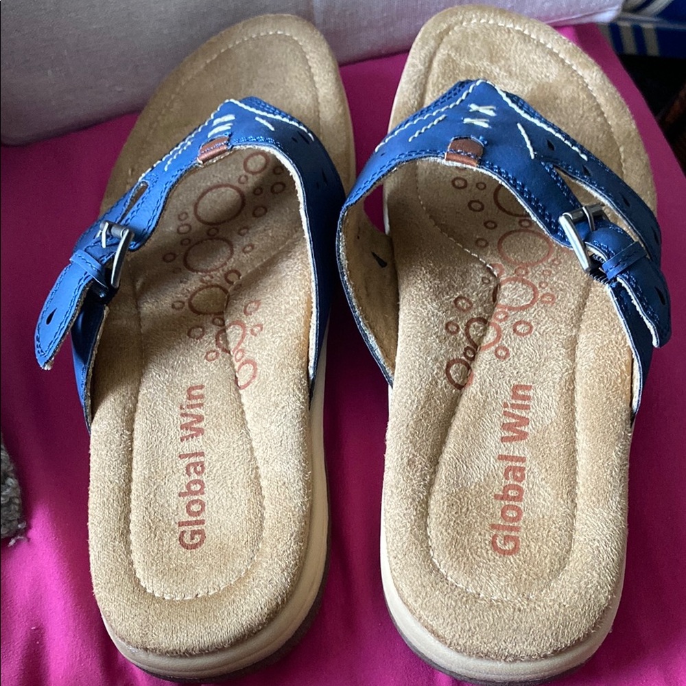 New Global Win Blue and Tan Sandals Casual Comfort